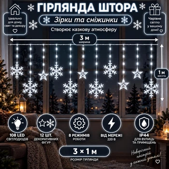 Гірлянда-штора Зірки та сніжинки 3×1 м 108 LED 12 фігур з 8 режимами IP44, Світлодіодна новорічна завіса від мережі 220 В для вікон, стін, каміна, фотозон та святкового декору, Білий
