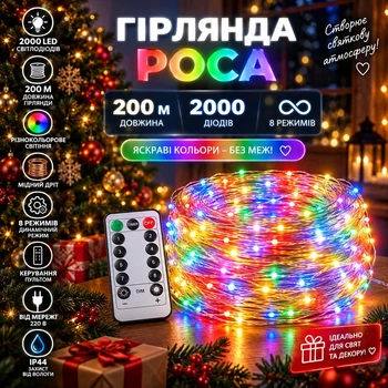 Гірлянда Роса 200 м 2000 LED з пультом та 8 режимами IP44, Світлодіодна новорічна гірлянда-нитка на мідному дроті від мережі 220 В для ялинки, фотозон, залів та масштабного святкового декору, Різнокольоровий
