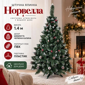 Штучна засніжена ялинка Норвелла висотою 1.4 м з ПВХ розкішна новорічна ялинка з шишками та калиною, різдвяна пишна довговічна ялинка з густими гілками для дому Зелений