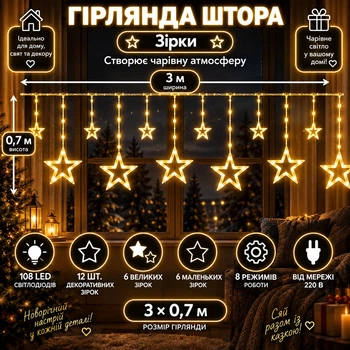 Гірлянда-штора Зірки 3×0,7 м 108 LED 12 фігур з 8 режимами, Світлодіодна новорічна завіса з великими та маленькими зірками від мережі 220 В для вікон, стін, арок, фотозон та святкового декору, Жовтий