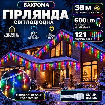 Гірлянда Бахрома вулична 36 м 600 LED IP44 з режимом Flash, Світлодіодна новорічна гірлянда зі 121 підвісною ниткою на білому проводі від мережі для фасаду, балкона, вікон та альтанки, Різнокольоровий