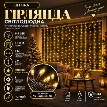Гірлянда-штора 3×2 м 144 LED, Світлодіодна новорічна завіса з підвісними нитками для вікон, стін, арок, фотозон, кімнати та святкового декору дому, Жовтий