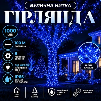 Гірлянда Нитка вулична 100 м 1000 LED з 8 режимами IP65, Світлодіодна новорічна гірлянда на білому проводі від мережі для підсвічування дерев, фасаду, огорожі, тераси, вітрин та святкового декору, Синій