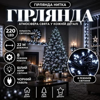 Гірлянда Нитка 22 м 220 LED з 8 режимами, Світлодіодна новорічна гірлянда на чорному кабелі для ялинки, вікон, дверей, кімнати, веранди та святкового декору, Білий