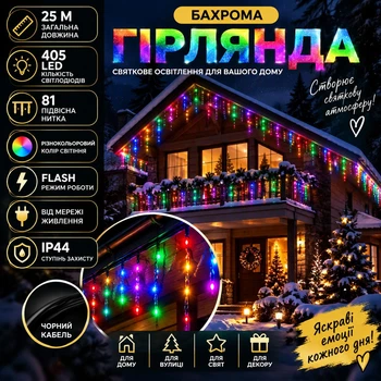 Гірлянда Бахрома вулична 25 м 405 LED IP44 з режимом Flash, Світлодіодна новорічна гірлянда з 81 підвісною ниткою на чорному проводі від мережі для фасаду, даху, балкона, вікон, альтанки та вітрин, Різнокольоровий