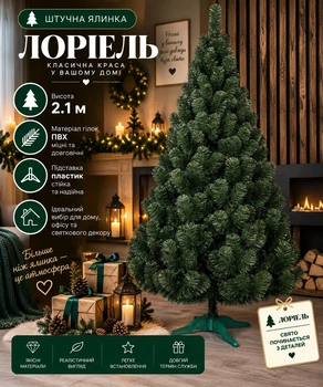 Штучна ялинка Лоріель висотою 2.1 м з ПВХ розкішна пишна новорічна ялинка, різдвяна довговічна ялинка з густими гілками та складною пластиковою підставкою для дому Зелений
