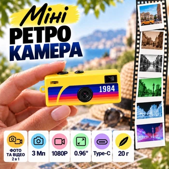 Мини ретро камера цифровая Thumb Camera 1984, фото 3 Мп, видео 1080P, экран 0,96", 6 фильтров, USB Type-C, желтая, , камера брелок