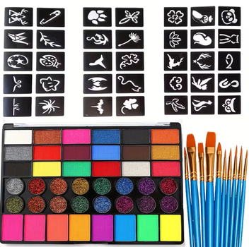 Профессиональный набор аквагрима FaceArt Magic, 42 цвета,10 кисточек, трафарет