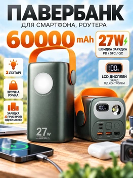 Повербанк 60000 mah 27W RMX RQ-123 з LED дисплеєм і швидкою зарядкою PD/QC 5 портов кабель Type-C в комплекті powerbank 60 000 павербанк для телефона apple айфона iphone самсунг samsung роутера планшета універсальний павербанк з ліхтариком