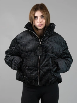 Жіноча зимова коротка куртка чорна утеплена зі стразами (6609) XL