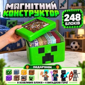Великий магнітний конструктор Minecraft Kriper 248 блоків+ 4 фігурки у подарунковій коробці, магнітні кубики Майнкрафт Magnetic Cube (Kriper01)