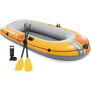 Лодка надувная Intex 68367 Challenger 2 Set двухместная с вёслами и насосом, 236х114х41 см, ПВХ, для рыбалки и отдыха, жёлтая