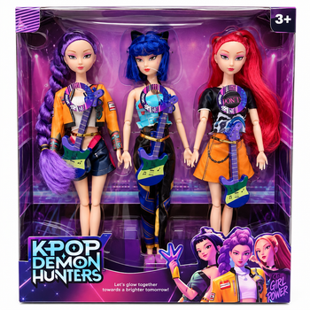 Набор из 3 кукол K-Pop Demon Hunters Руми, Мира и Зои — шарнирные поющие охотницы на демонов с гитарами.