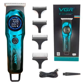 Машинка для стрижки волос и бороды VGR V-966 Professional Green аккумуляторная, триммер мужской окантовочный, 4 насадки, LED дисплей