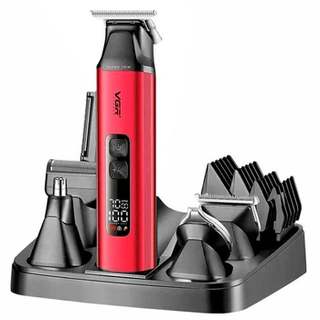 Машинка для стрижки волос VGR V-117 RED 6в1, мужской аккумуляторный триммер для бороды, усов, носа и тела, 14 насадок, LED дисплей