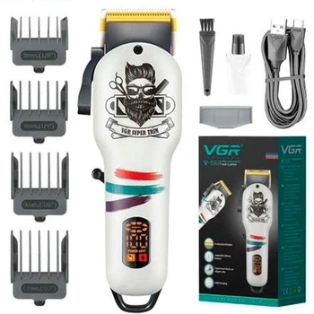 Профессиональная аккумуляторная машинка для стрижки волос и бороды VGR V-699 White, триммер мужской с LED дисплеем, 4 насадки, для окантовки и ухода дома