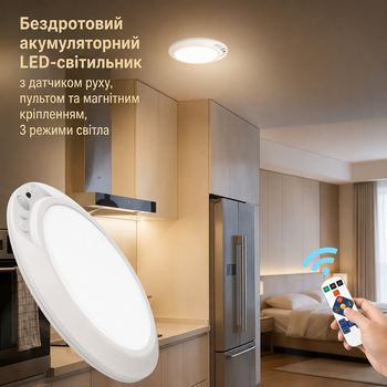 Бездротовий акумуляторний LED-світильник з датчиком руху та пультом (19 см) — розумне світло без дротів та руйнування стін