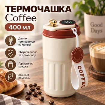 Термочашка вакуумна з ремінцем та датчиком температури для гарячих та холодних напоїв Coffee Об'ємом 400 мл із нержавіючої сталі з подвійними стінками 15 x 7.5 см Білий з червоним
