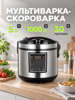 Мультиварка 5 л 1000 Вт 30 программ, скороварка-пароварка с антипригарной чашей, дисплеем и отложенным стартом