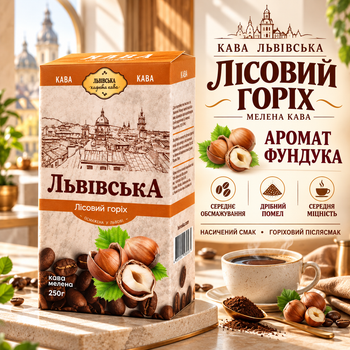 Кофе молотый 260 г Львовский Лесной орех робуста с ароматом фундука мелкого помола средней обжарки средней крепости насыщенный ароматизированный в фольгированном пакете для чашки фильтр пресса