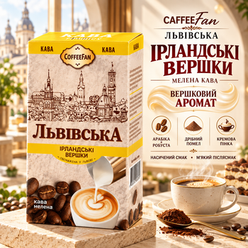 Молотый кофе CaffeeFan Львовский Ирландские Сливки 265 г купаж арабики робусты мелкий помол сливочный аромат насыщенный вкус сладковатое послевкусие вакуумная упаковка для турки чашки кофеварки френч пресса