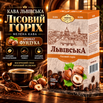 Молотый кофе Львовский Лесной орех 260 г ароматизированный фундуком робуста средней обжарки мелкий помол насыщенный ореховый вкус средняя крепость фольгированная упаковка для заваривания чашки фильтр пресса