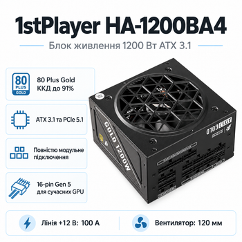 Блок живлення 1stPlayer HA-1200BA4 1200 Вт ATX 3.1 80 Plus Gold Black (NGDP-GLD-1200-BK-EU)
