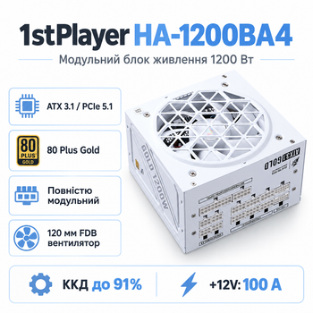 Блок питания 1stPlayer HA-1200BA4 1200 Вт ATX 3.1 80 Plus Gold White (NGDP-GLD-1200-WH-EU)