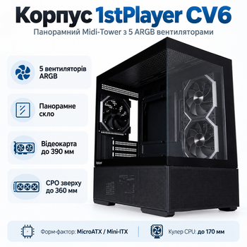 Корпус для ПК 1stPlayer CV6-BK-2FAR-2FH7R-1FH7 Midi-Tower без БЖ MicroATX/Mini-ITX ARGB Black