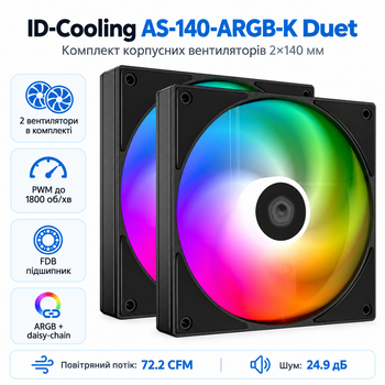 Вентилятор для корпусу ID-Cooling AS-140-ARGB-K Duet 140 мм 1800 об/хв Black