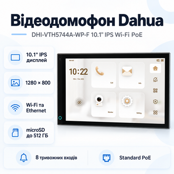Видеодомофон с сенсорным дисплеем Dahua DHI-VTH5744A-WP-F 10.1" IPS 1280 × 800 WiFi Linux Black