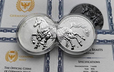 Набор из двух серебряных монет Слейпнир Sleipnir серии "Чудовища Германии" в двойной капсуле Germania Mint