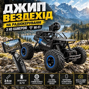 Джип вездеход на радиоуправлении с HD камерой Wi-Fi, машинка на пульте 2.4Ghz 24см.