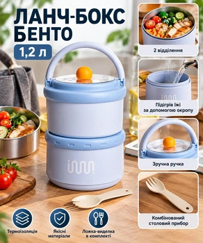 Ланч-бокс бенто двоярусний з підігрівом гарячою водою та термоізоляцією на 2 відділення контейнер для їжі з герметичною кришкою з клапаном та ручкою і ложка-виделка на дві різні страви обіди Блакитний
