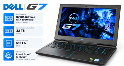 Ноутбук Dell G7 7588 Gaming Core i7-8750H 32GB DDR4 SSD NVMe 512GB GTX 1060 Max-Q 6GB 15.6" Чорний Б/У