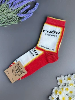 Женские высокие носки Шкарпеткофф с принтом "Сода харчова" (р. 36-40, хлопок, красно-белые)