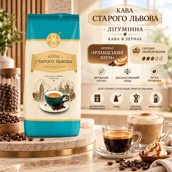 Кофе в зернах 1000 г Старого Львова Лигуминна зерновой кофе купаж арабики робусты средней обжарки с ароматом Ирландский крем легкой горчинкой для кофемашины турки гейзерной кофеварки френч-пресса