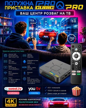 Смарт ТВ-приставка iPROCUBIC Q PRO 4/32Гб Android TV 14 Allwinner H618 Мощная андройд приставка с Bluetooth-пультом, микрофоном и голосовым поиском, 4K HDR, Wi-Fi, медиаплеер для IPTV, фильмов, Megogo, SweetTV, YouTV + подарок ТВ на 6 мес.