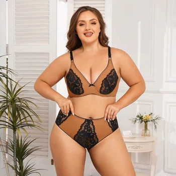 Женский комплект белья комфортный кружевной Кофейный, 3XL