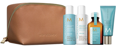 Набір для догляду за волоссям Moroccanoil Travel 2024 Volume Косметичка + шампунь 70 мл + кондиціонер 70 мл + олія для волосся 25 мл + крем для рук 40 мл (7290116972299)