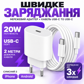 Швидка зарядка для айфона 18 17 16 15 Pro Max Plus Air комплект блок живлення 20W USB-C Power Adapter кабель Type-C Type-C мережевий зарядний пристрій для телефонів iPhone iPad Android Samsung Pavlysh TC-32