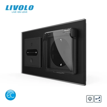 Умный сенсорный проходной диммер с розеткой и крышкой IP44 LIVOLO, с заземлением, шторки, черный матовий, стекло