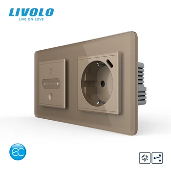 Умный сенсорный проходной диммер с розеткой USB Type-C 18Вт LIVOLO, с заземлением, шторки, золотой 2.5D, стекло