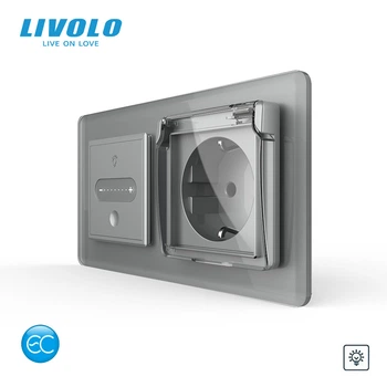 Умный сенсорный диммер с розеткой и крышкой IP44 LIVOLO 16А 230В, с заземлением, шторки, серый 2.5D, стекло