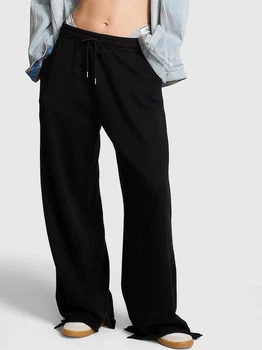 Спортивные штаны теплые на флисе женские Victoria's Secret Pink Campus Fleece Wide-Leg Split-Hem Sweatpants 5000010682(Pure black solid (2ZUO)) M Черные (198765831127)