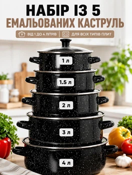 Набор эмалированных кастрюль с крышками 5 предметов, для всех типов плит