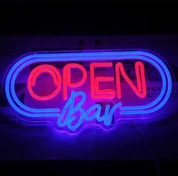 Неоновая LED вывеска OPEN Bar 42×22 см, световая табличка для бара, паба и ресторана, USB