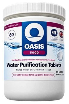Таблетки для дезинфекции питьевой воды Oasis 5000 — банка 60 таблеток на 60 000 л (1 таблетка на 1000 л, 8,68 г NaDCC)