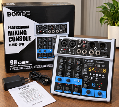 Мікшерний пульт BOMGE BMG-04F, 4 канали, Bluetooth/USB, 99 DSP.