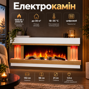 Электрокамин ArtiFlame Sogne AF52 2000 Вт до 30 м² с 3D-эффектом пламени Wi-Fi и пультом Настенный обогреватель с цифровым термостатом декоративными поленьями и камнями